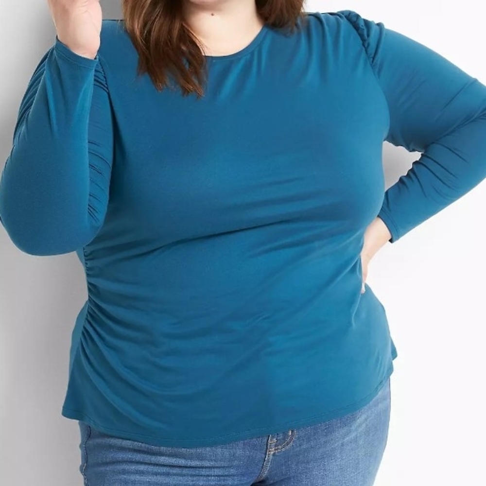 Lane Bryant Teal Crew Neck Side Ruched Long Sleeve Top Sz 18/20 - Picture 2 of 5